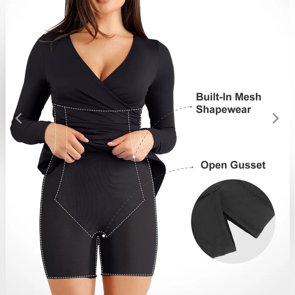 POPILUSH Shapewear Ruched Long Sleeve Faux Wrap Slimming Midi Dress EUC - Picture 3 of 12